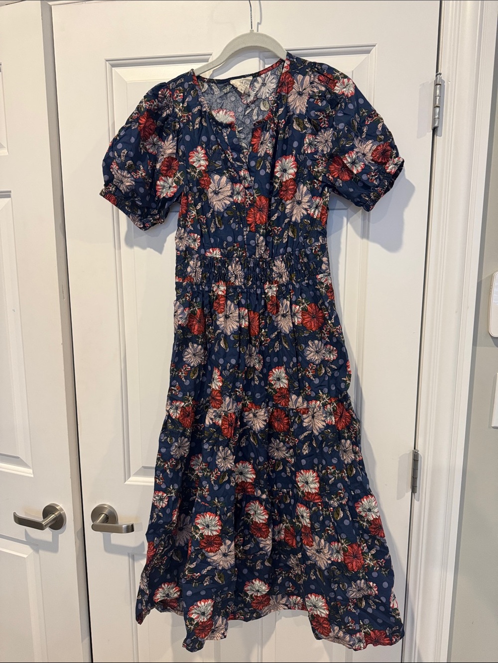 Floral Tiered Midi Dress - Navy with Red & Cream Flowers